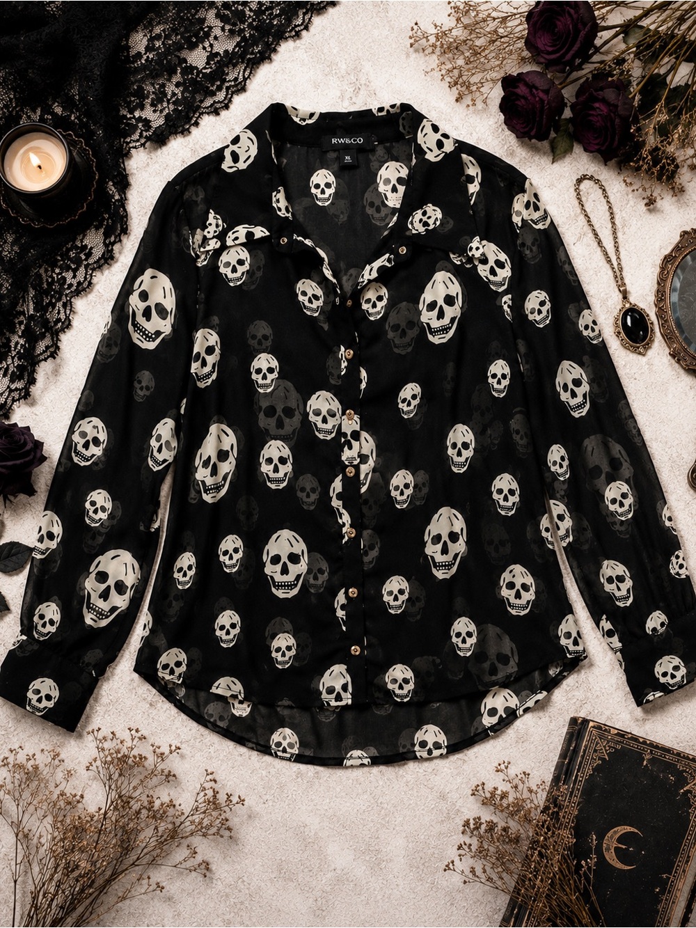 Mona B Skull Print Sheer Button Front Blouse | Gothic Whimsigoth Top